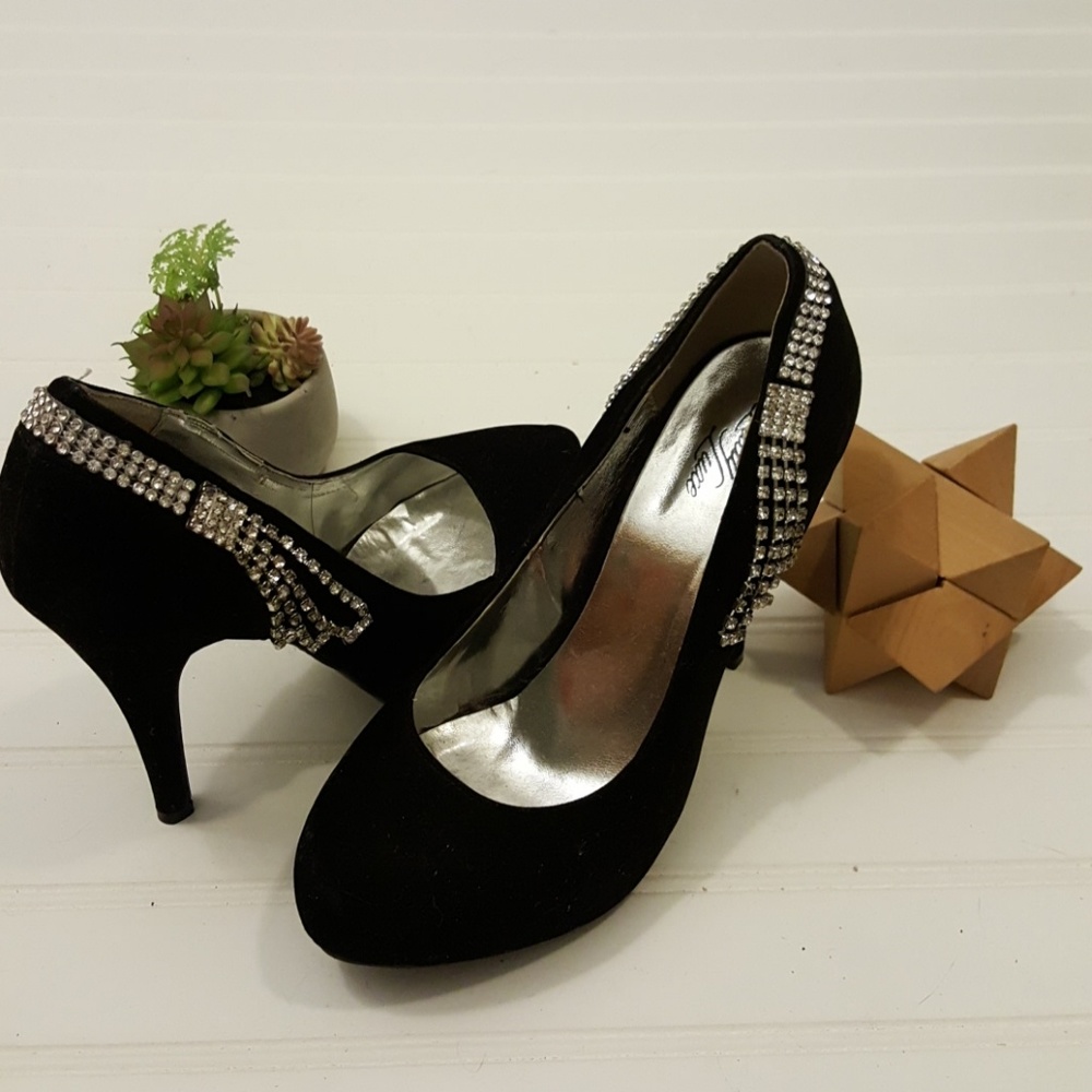 Black Suede Pumps w/ Rhinestone Accents